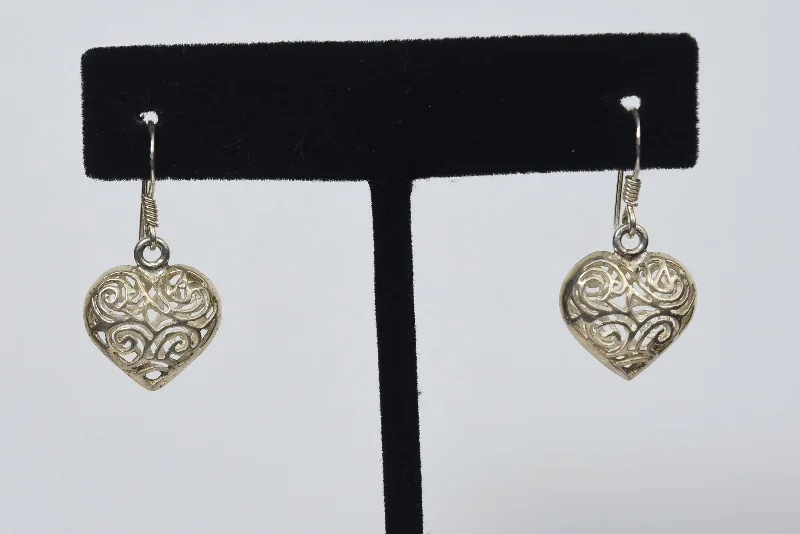 Small Drop Earrings for Casual Style-Sterling Silver Puffed Heart Pierced Design Dangle Earrings