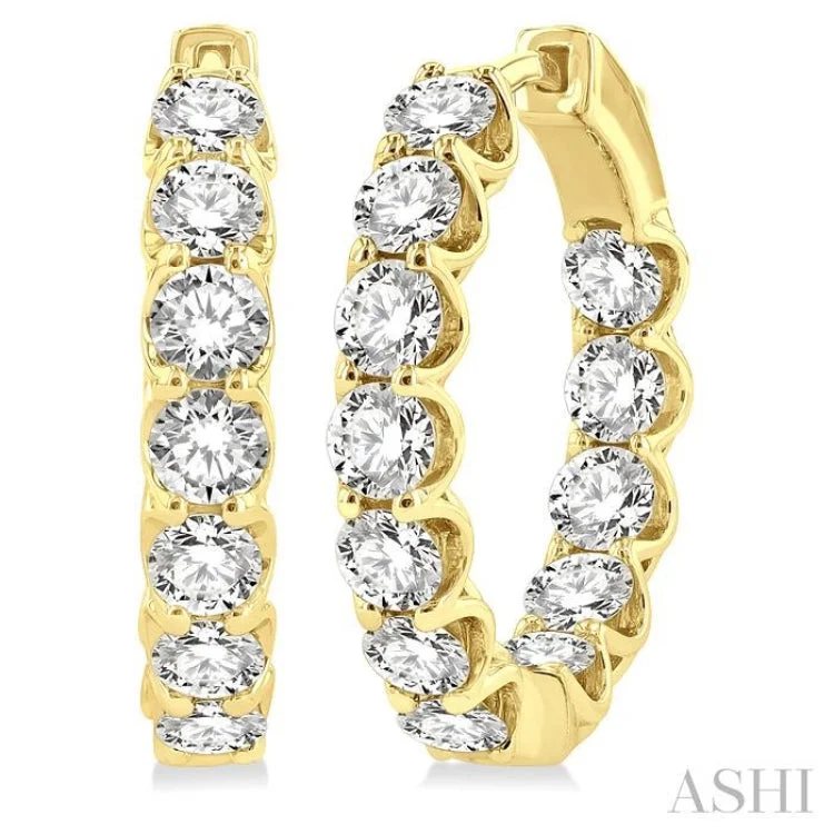 Stylish Gold Earrings for Weddings-4 Ctw Inside-Out Round Cut Diamond Hoop Earrings in 14K Yellow Gold