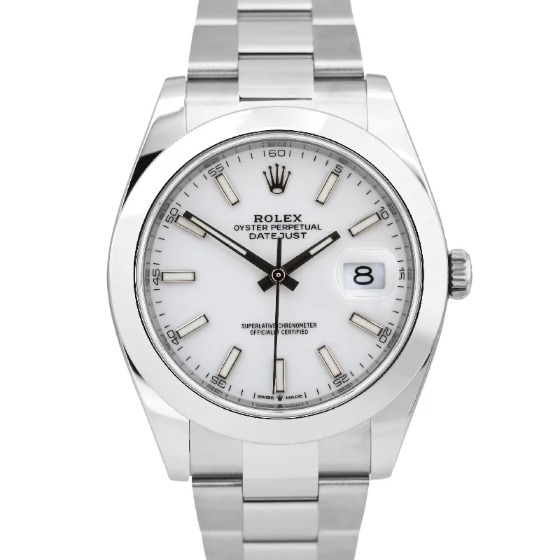 Affordable Designer Watches for Fashionable Women-NEW UNWORN PAPERS Rolex DateJust 41 White Stainless Oyster Smooth 126300 B+P