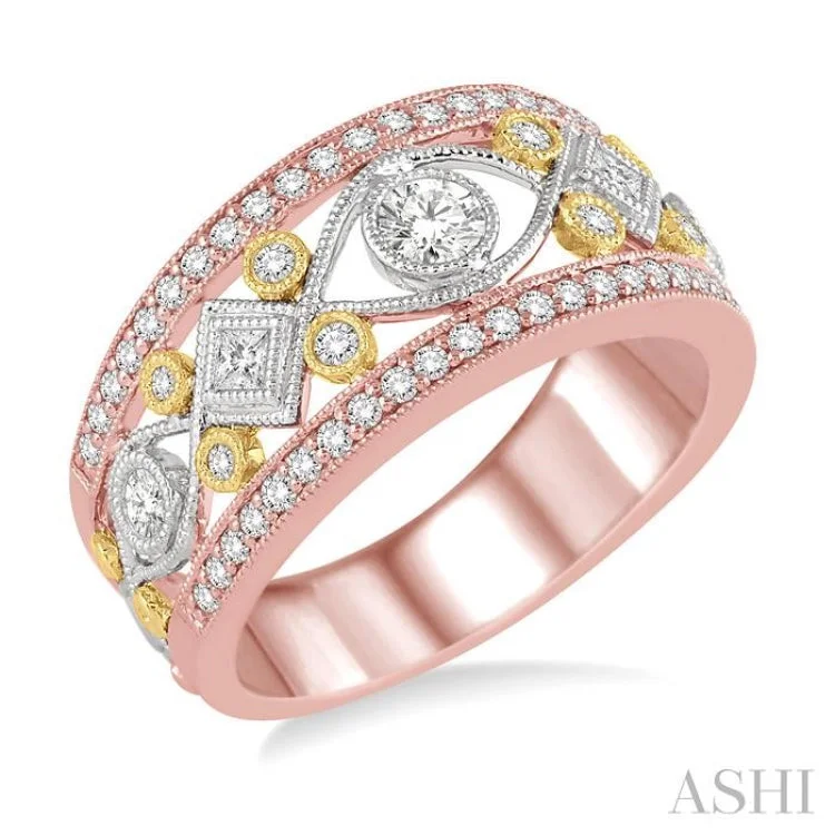 Wedding Ring Set with Matching Bands-3/4 Ctw Diamond Fashion Band in 14K Tri Color Gold