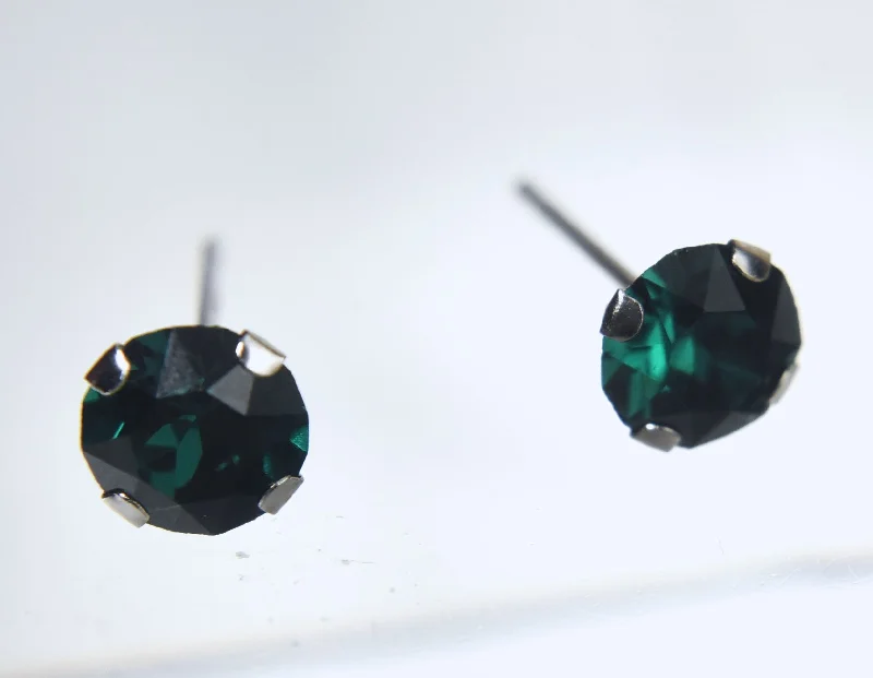 Sparkling Silver Earrings for Women-10k White Gold Dark Green Crystal Stud Earrings