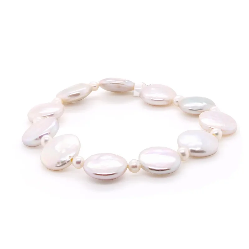 Customizable Charm Bracelet for Weddings-COIN SHAPED PEARL BRACELET WITH ELASTIC