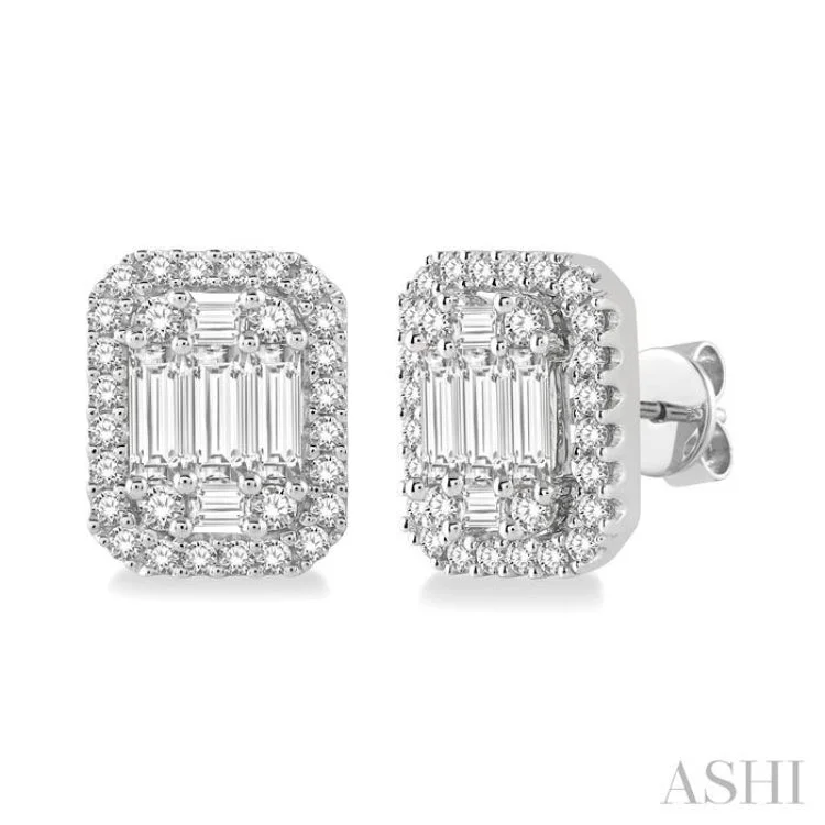 Customizable Gold Earrings-3/8 Ctw Octagonal Baguette & Round Cut Diamond Stud Earrings in 14K White Gold