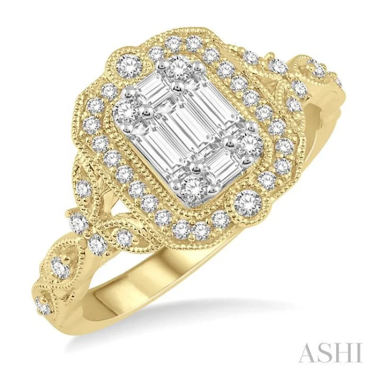 Fashionable Stackable Rings for Women-5/8 Ctw Intricate lattice Baguette and Round Cut Diamond Ring in 14K Yellow and White gold