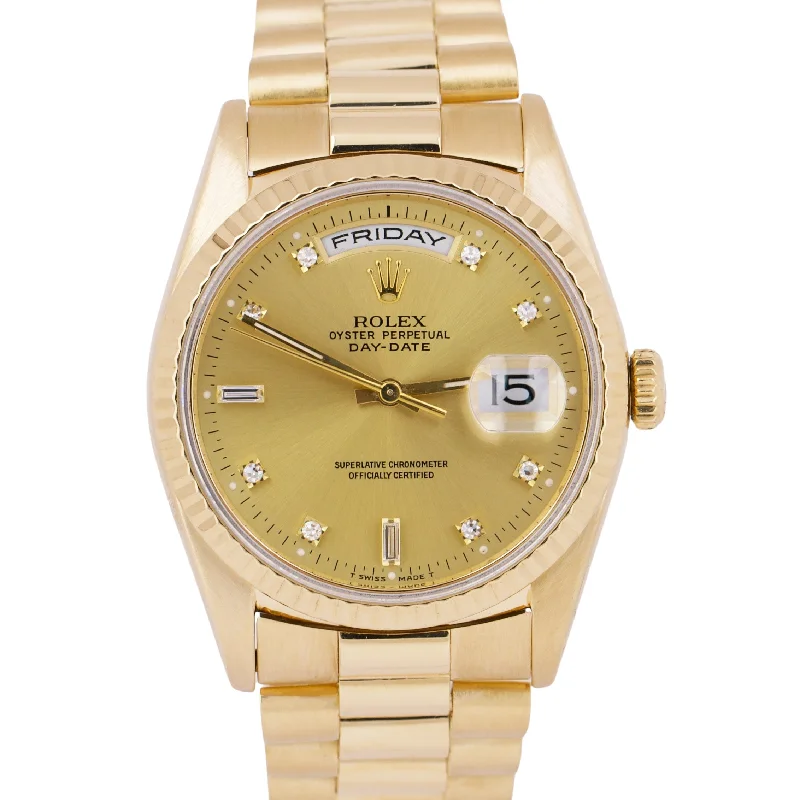 Personalized Watches with Custom Engraving-Rolex Day-Date President 36mm CHAMPAGNE BAGUETTE DIAMOND Fluted 18K Gold 18238