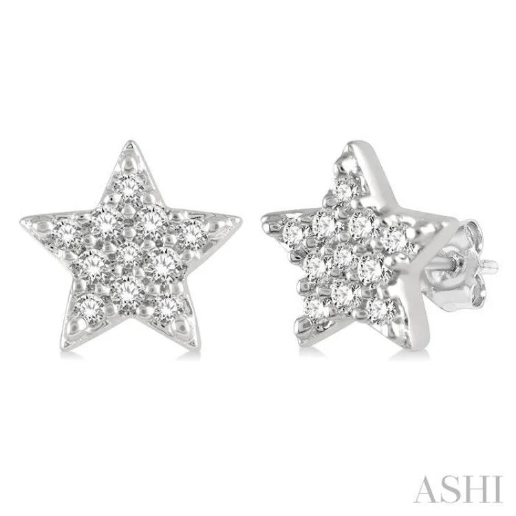 Fashionable Earrings for Parties-1/10 Ctw Star Round Cut Diamond Petite Fashion Earring in 14K White Gold