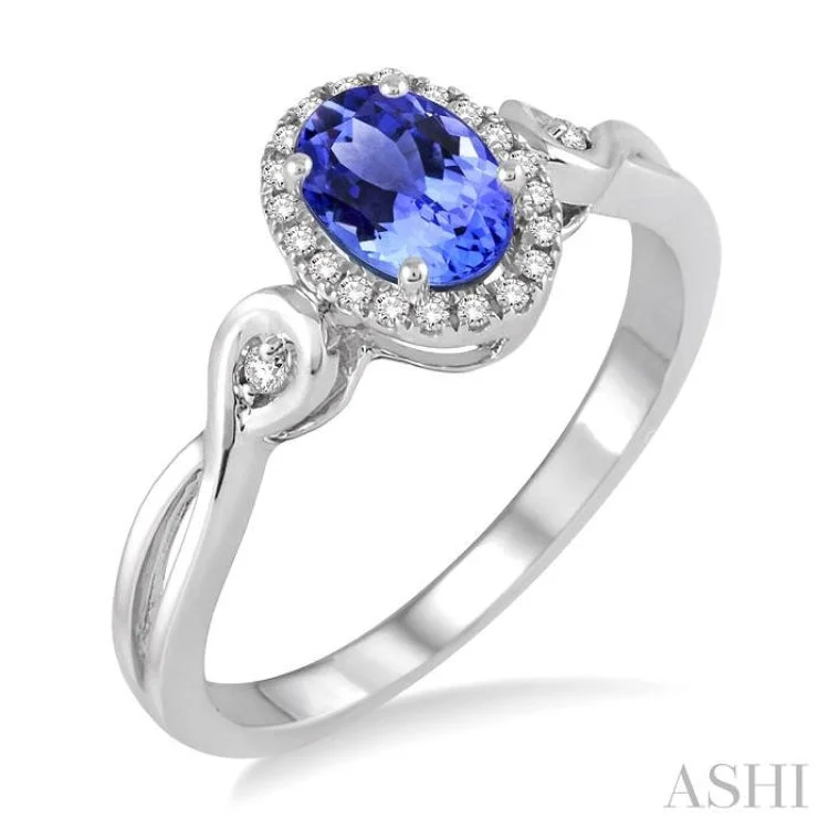 Luxury Ring for Anniversary Gifts-6x4 MM Oval Cut Tanzanite and 1/10 Ctw Round Cut Diamond Ring in 10K White Gold