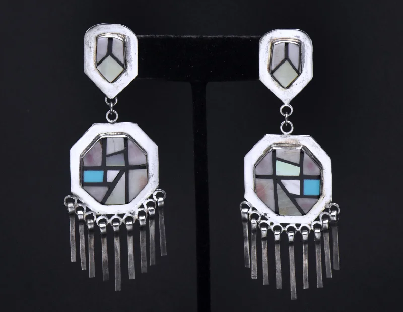 Beautiful Drop Earrings for Elegant Look-Vintage Handmade Sterling Silver Inlaid Dangle Earrings