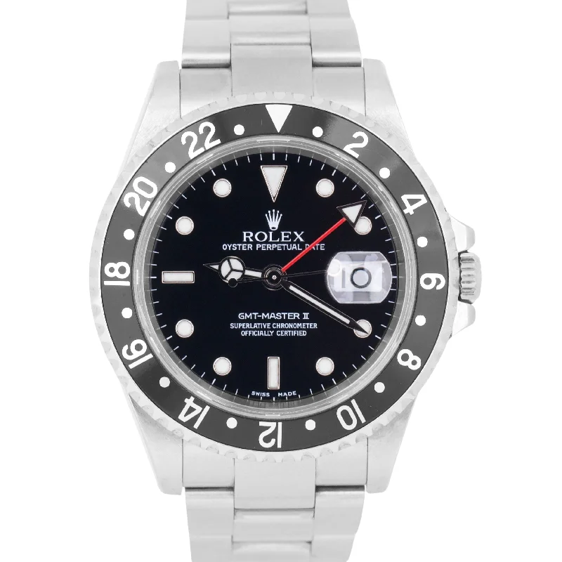 Women's Watch with Adjustable Bracelet-UNPOLISHED Rolex GMT-Master II Black PAPERS Red Steel NO-HOLES 40mm 16710 B+P