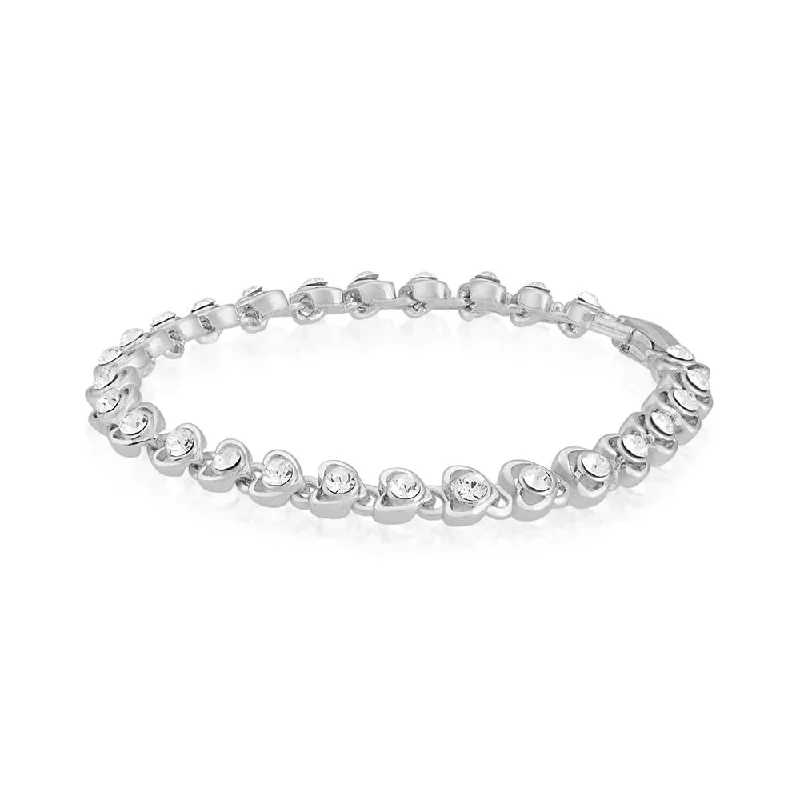 Fashionable Silver Bangles for Modern Look-Mahi Rhodium Plated White Hearts Bracelet With Crystals For Women