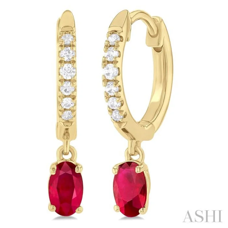 Elegant Pearl Earrings-1/8 ctw Petite 5X3MM Oval Cut Ruby and Round Cut Diamond Precious Fashion Huggies in 10K Yellow Gold