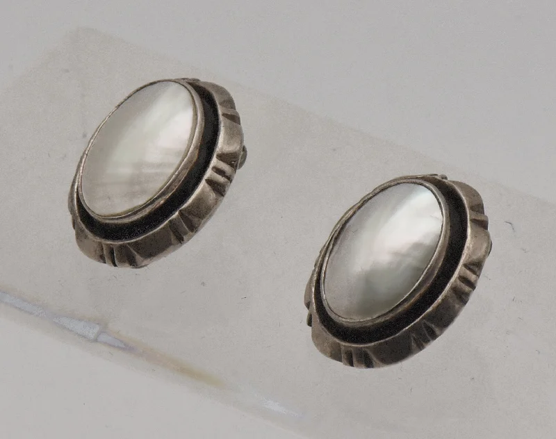 Elegant Earrings for Formal Wear-Carol Felley - Vintage Sterling Silver Mother of Pearl Clip On Earrings