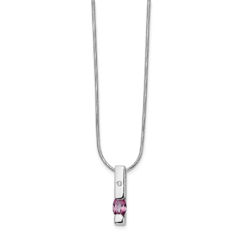 Heart Shaped Necklace for Girls-Pink Topaz & 2pt Diamond Vertical Bar Rhodium Plated Silver Necklace