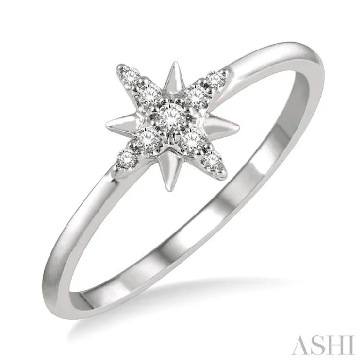 Custom Engraved Ring for Couples-1/10 Ctw Star Center Round Cut Diamond Petite Fashion Ring in 10K White Gold