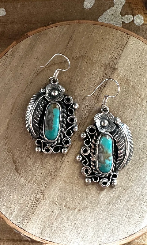 Sparkly Earrings for Bridesmaids-SILVER DESIGNS Navajo Sterling Silver and Turquoise Dangle Earrings