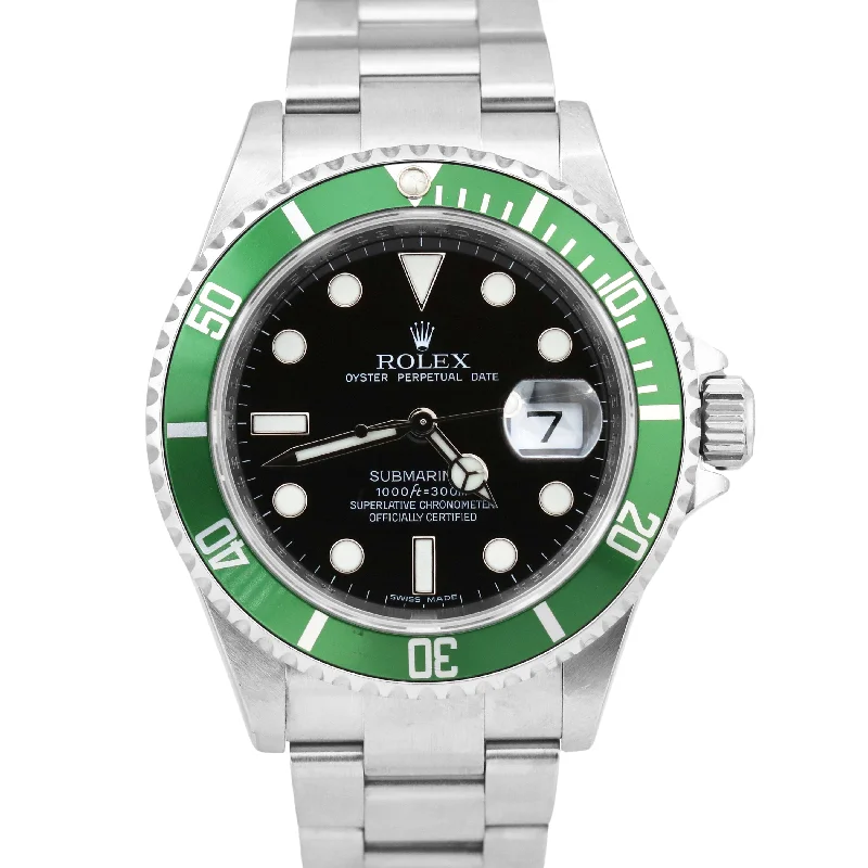 Vintage Watches for Classic Style-UNPOLISHED Rolex Submariner Date KERMIT Green Black REHAUT 40mm Steel 16610 LV