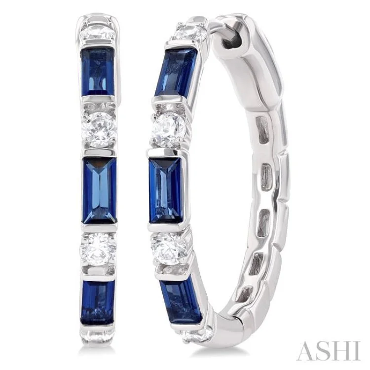 Customizable Earrings for Weddings-1/3 ctw Art Deco 4X2MM Baguette Cut Sapphire and Round Cut Diamond Precious Hoop Earring in 14K White Gold