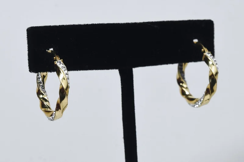 Stylish Drop Earrings for Casual Wear-Gold Tone Sterling Silver Crystal Studded Twist Hoop Earrings