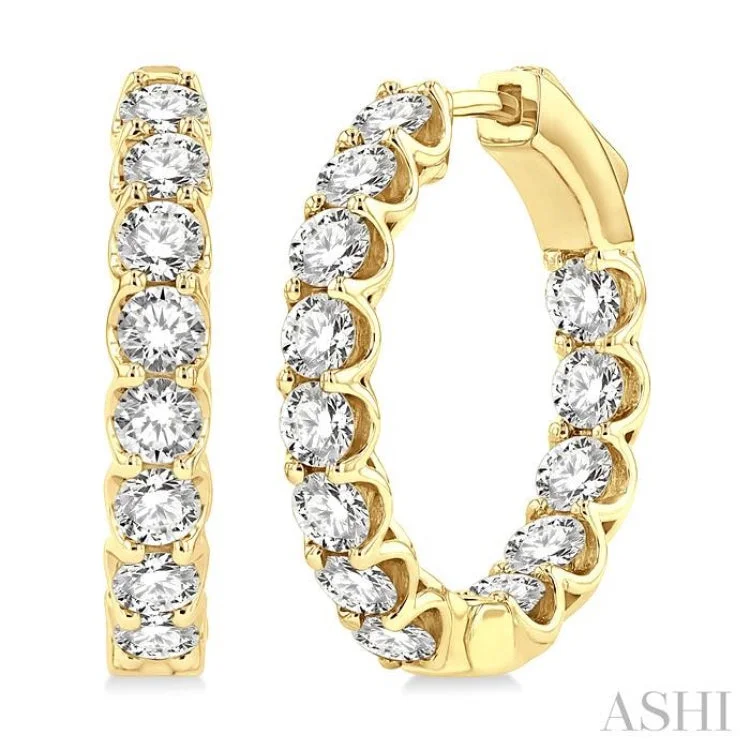 Silver Hoop Earrings-3 Ctw Inside-Out Round Cut Diamond Hoop Earrings in 14K Yellow Gold