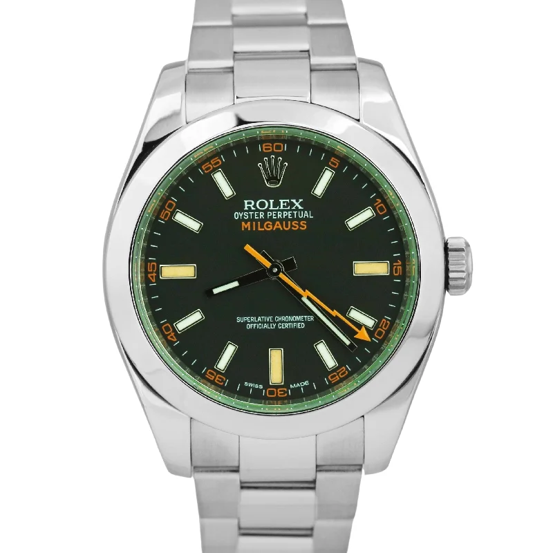 Trendy Watches for Women with Gemstones-MINT Rolex Milgauss BLACK Green 40mm Stainless Steel Oyster 116400 GV Watch