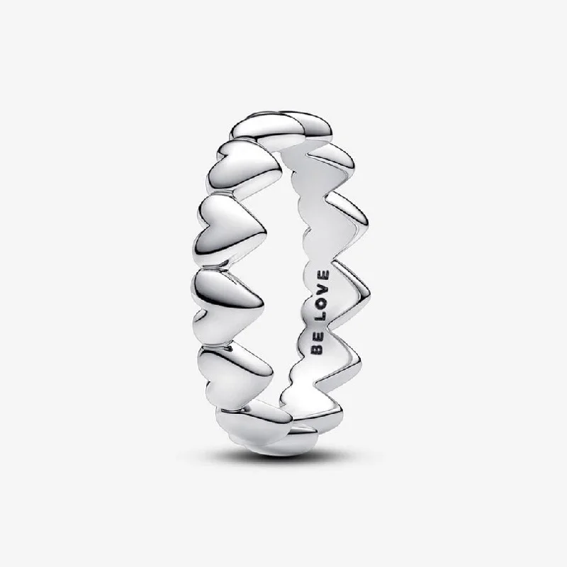 Classic Silver Ring for Casual Wear-PANDORA : Row of Hearts Ring- Silver