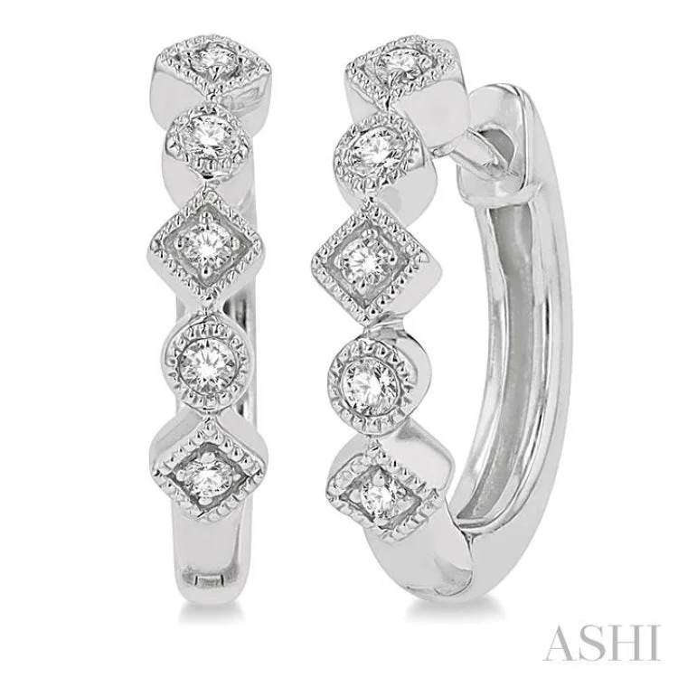 Statement Earrings for Bold Fashion-1/10 Ctw Circular & Rhombus Mount Round Cut Diamond Huggie Earrings in 14K White Gold