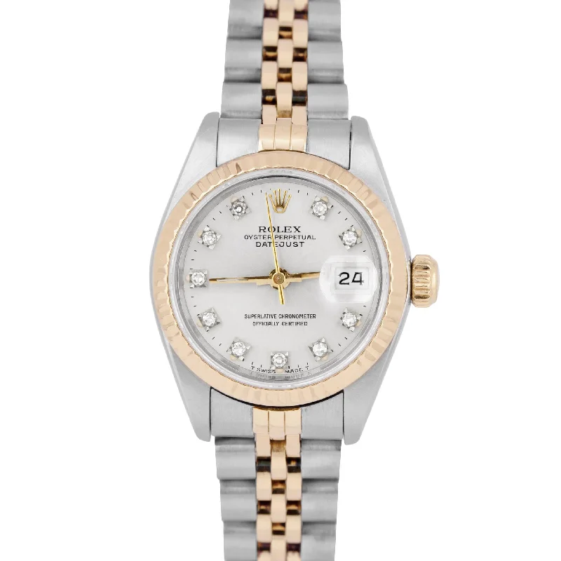 Women's Watches with Adjustable Bands-Rolex DateJust FACTORY DIAMOND Silver Two-Tone 18K Yellow Gold 26mm Watch 69173