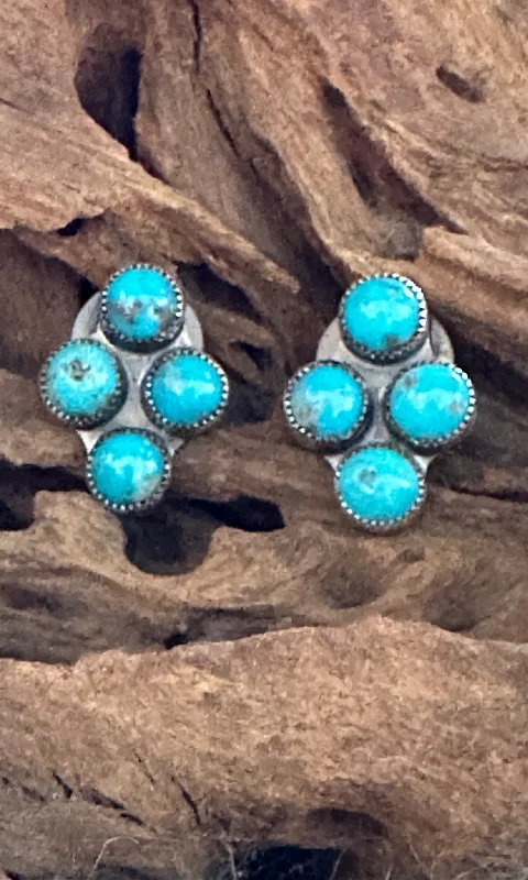 Simple Drop Earrings for Casual Outfits-NATIVE AMERICAN Kingman Turquoise and Silver Cluster Earrings