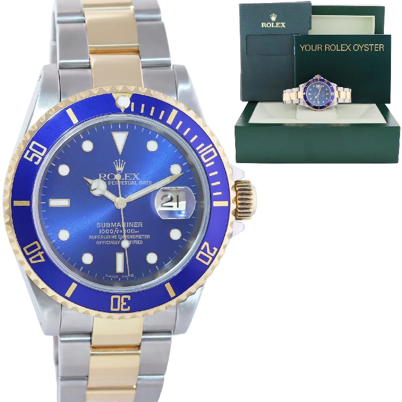 Swiss Made Watches for Precision and Durability-MINT 2001 Rolex Submariner 16613 Gold Steel Two Tone Gold Buckle Sunburst Blue Watch