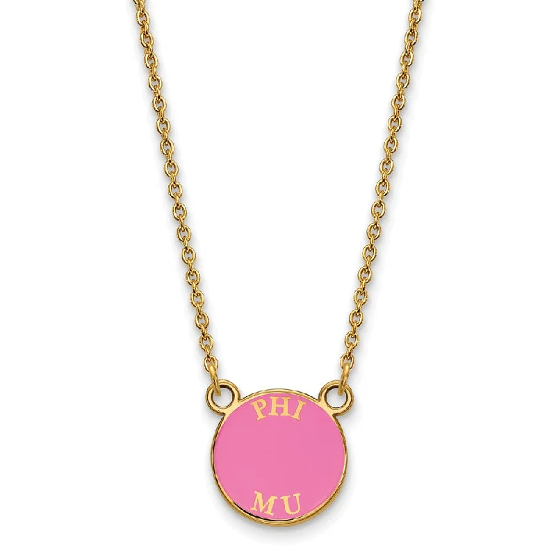 Simple Bead Necklace for Casual Looks-14K Plated Silver Phi Mu Small Pink Enamel Disc Necklace