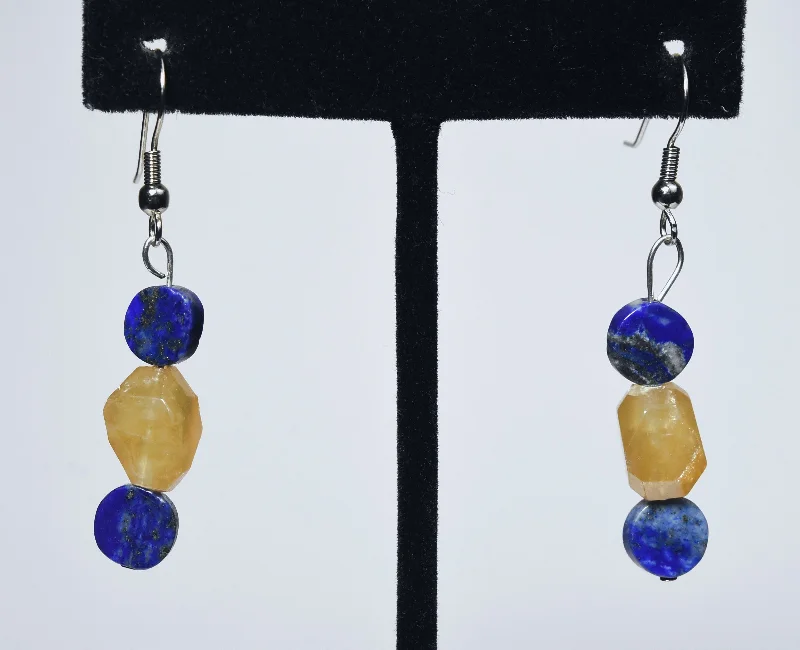 Large Gemstone Earrings for Special Events-Lapis Lazuli Yellow Calcite Earrings