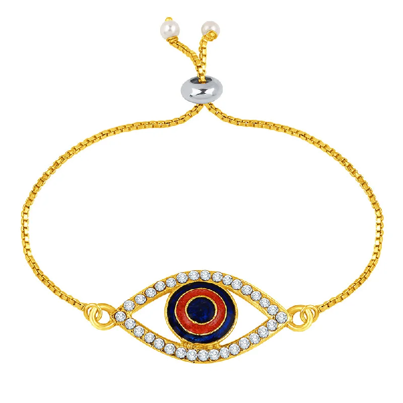 Simple Gold Bangles for Wedding Wear-Mahi Golden Color Red and Blue Meenakari work Evil Eye Adjustable Bracelet with Crystalsfor Girls (BR1100469G)