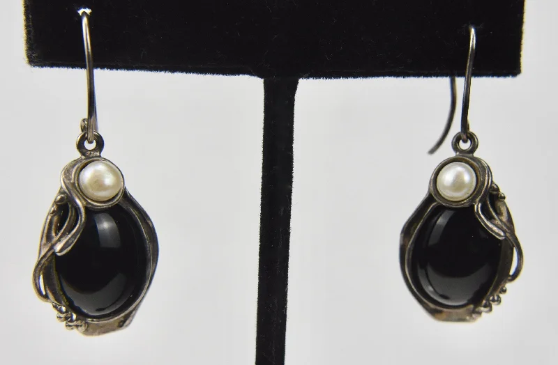 Silver Earrings for Elegant Looks-Hagit Gorali - Sterling Silver Black Onyx and Pearl Earrings