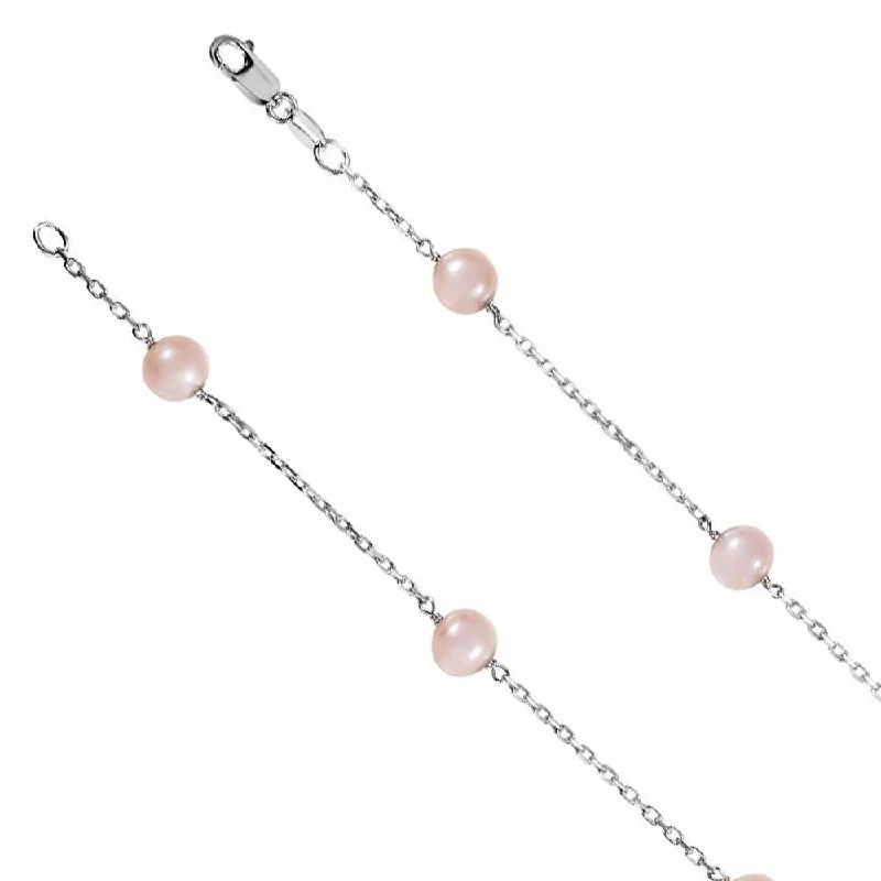 Classic Silver Necklace for Everyday Wear-6mm Sterling Silver FW Pink Cultured Pearl Station Necklace, 18 Inch