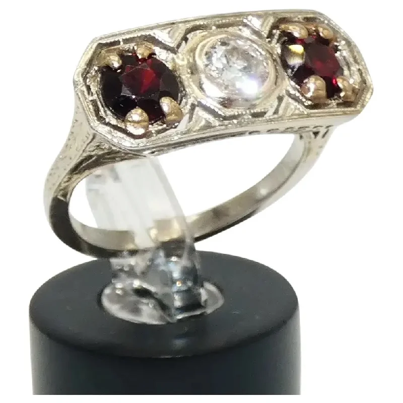 Silver Stackable Ring Set for Fashion-Art Deco Platinum & Gold Ring with Garnets & Diamond