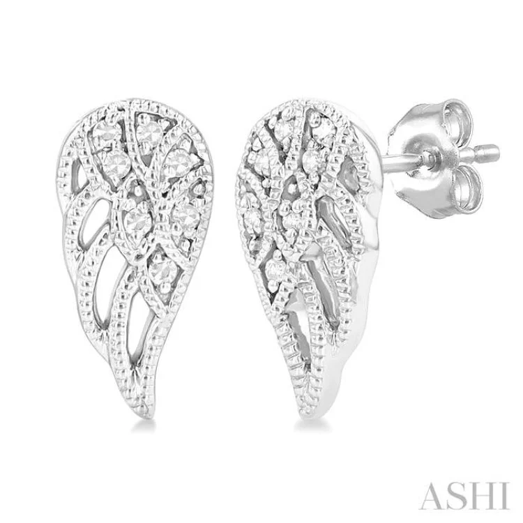 Artistic Pearl Earrings-1/20 ctw Petite Angel Wings Round Cut Diamond Fashion Stud Earring in 10K White Gold