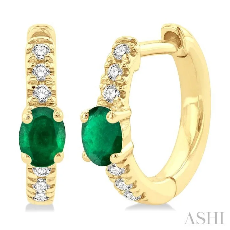 Round Earrings for Every Occasion-1/10 ctw Petite 4X3MM Oval Cut Emerald and Round Cut Diamond Fashion Huggies in 10K Yellow Gold