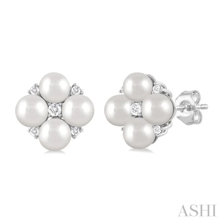 Stunning Earrings for Evening Events-1/10 ctw Floral 4X4MM Cultured Pearls and Round Cut Diamond Fashion Stud Earring in 10K White Gold