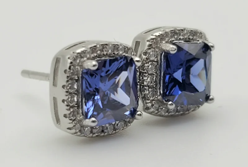 Dangle Earrings for Women-Blue Cushion Cut Crystal Sterling Silver Stud Earrings