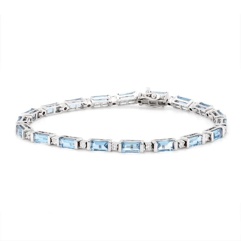 Elegant Bracelet for Day and Night Wear-WHITE GOLD BRACELET WITH BAGUETTE AQUAMARINES AND ROUND DIAMONDS, .46 CT TW