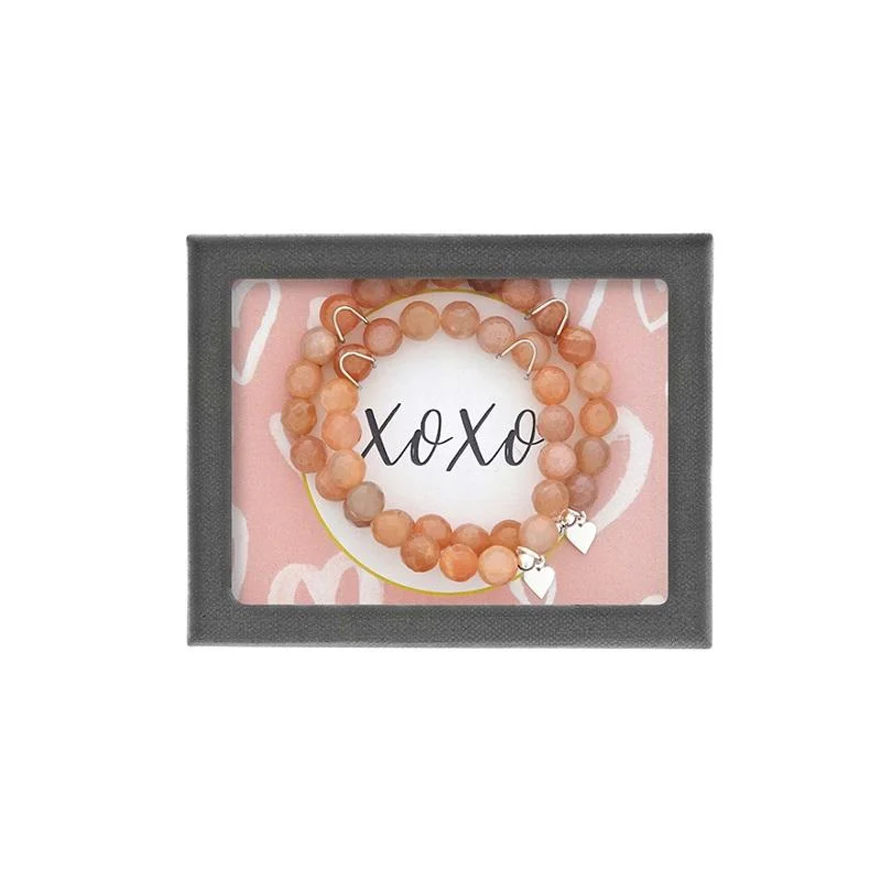 Friendship Bracelets for Teens-DEE BERKLEY- 'XOXO' 2 PIECE ADULT/CHILD MOONSTONE BEAD BRACELET SET.