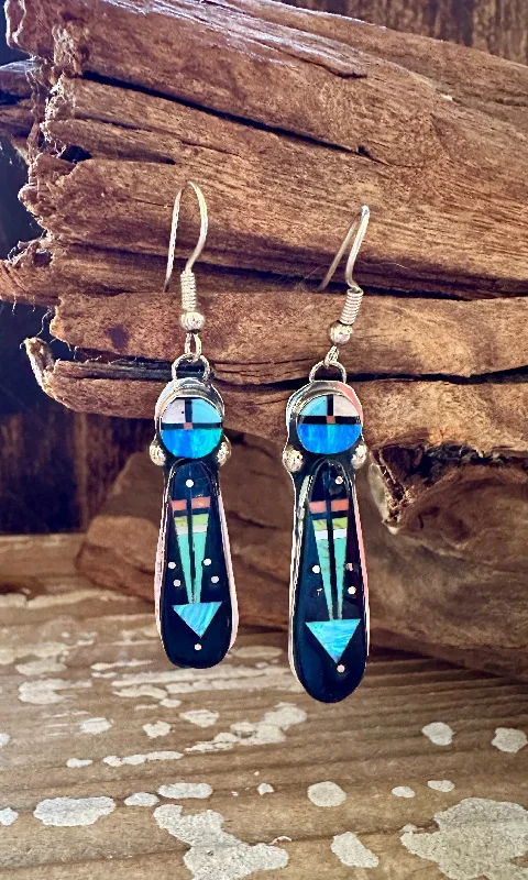 Beautiful Earrings for Evening Parties-ARROW HEAD Night Sky Navajo Micro Inlay Silver Earrings