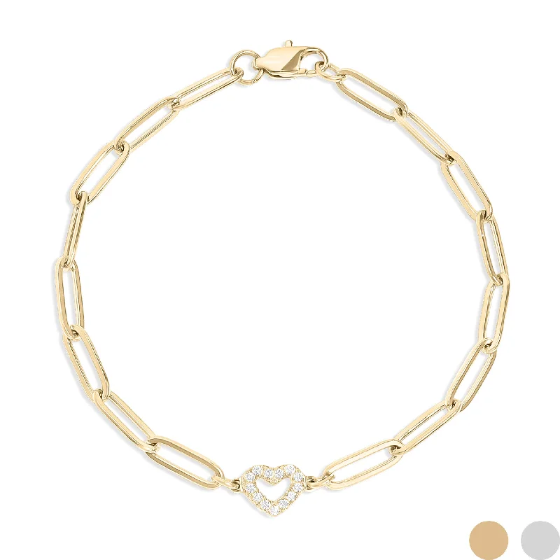 Boho Bead Bracelet for Casual Looks-18K Gold PVD Stainless Steel Stone "Heart" Paperclip Chain Bracelet / BRJ1006