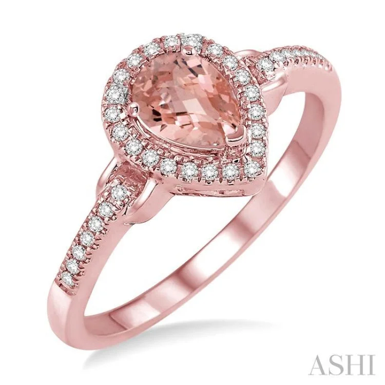 Chunky Gemstone Ring for Bold Style-7x5 MM Pear Shape Morganite and 1/6 Ctw Round Cut Diamond Ring in 10K Rose Gold