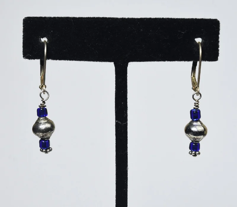 Bright Earrings for Daytime Looks-Silver and Blue Bead Dangle Earrings