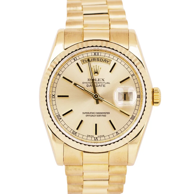 Fitness Watches for Weight Loss-Rolex Day-Date President FAT BUCKLE Silver 18K Yellow Gold 36mm 118238 Watch