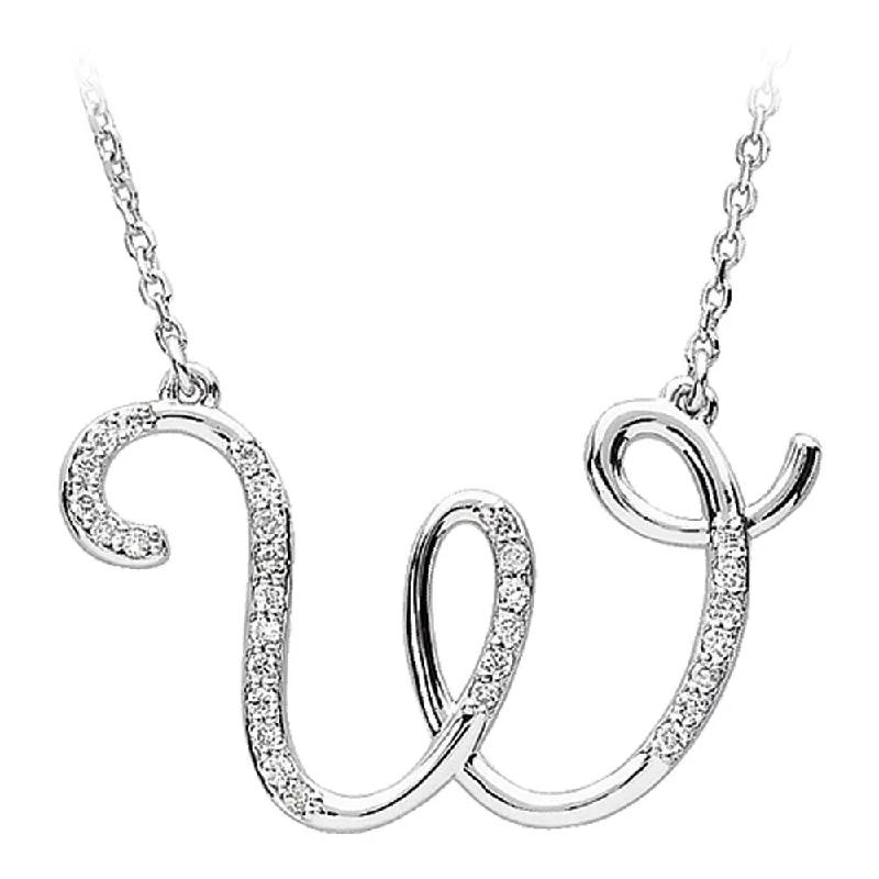 Large Pendant Necklace for Fashion Statement-1/6 Ctw Diamond 14k White Gold Medium Script Initial W Necklace, 17in