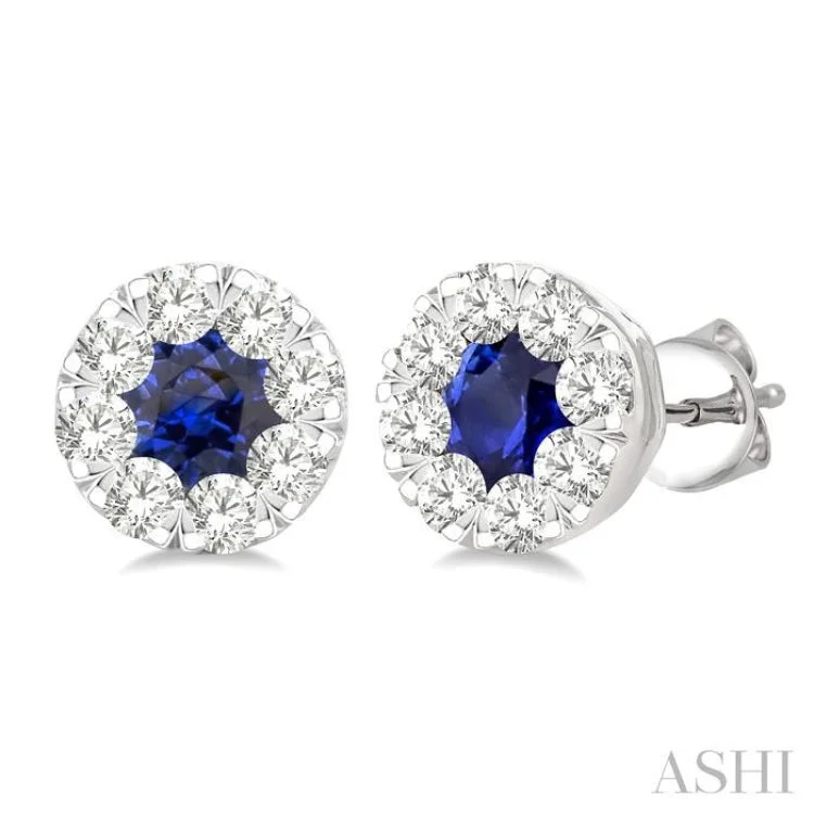 Small Drop Earrings for Casual Style-1/2 ctw Lovebright 3.3MM Sapphire and Round Cut Diamond Precious Stud Earring in 14K White Gold