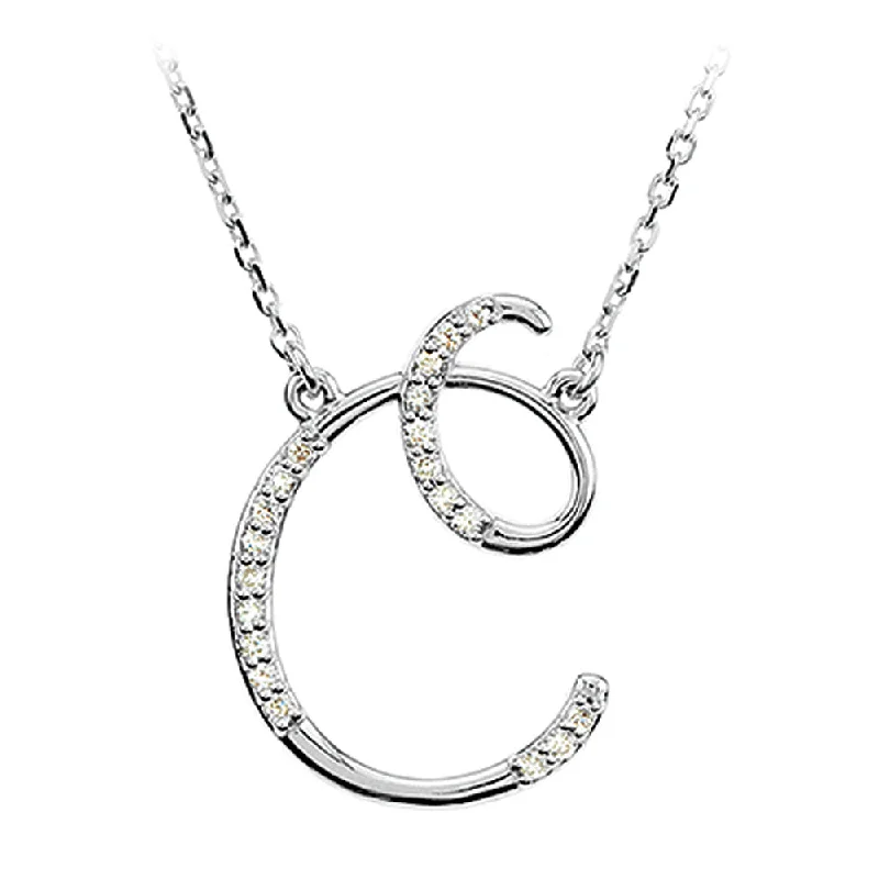 Classic Silver Necklace for Women-1/10 Ctw Diamond Sterling Silver Medium Script Initial C Necklace 16in