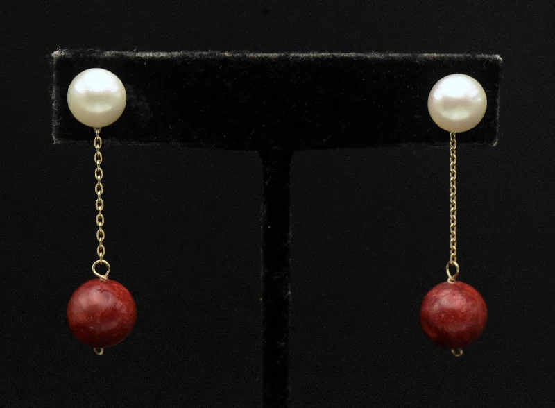 Handcrafted Silver Drop Earrings-Vintage 14K Gold Red Coral and Cultured Pearl Earrings